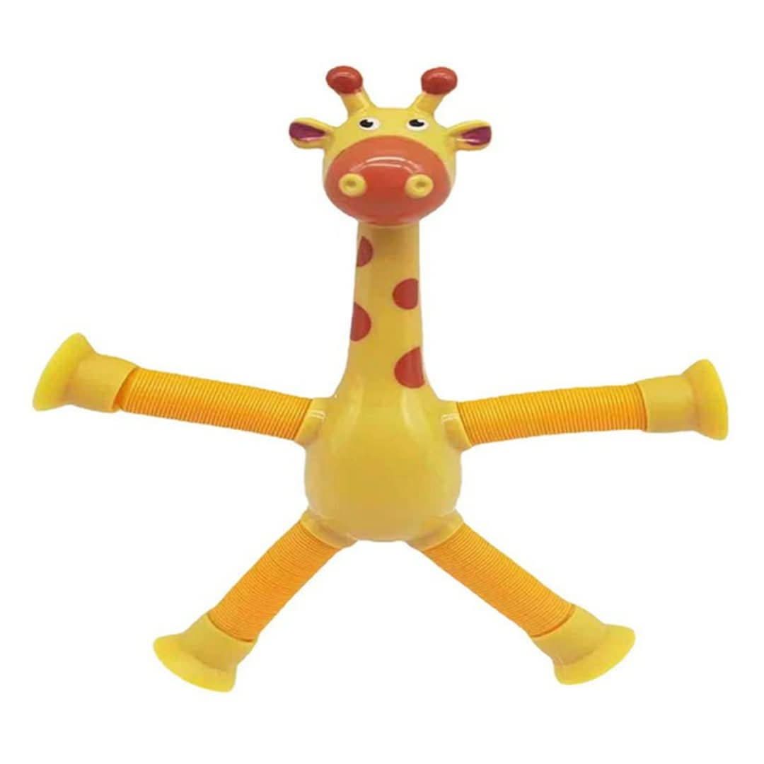 The Toyfetti Stretchy Giraffe Trio features yellow bendable giraffes with orange spots, smiling faces, and suction cup legs—ideal sensory fidget toys or toddler party favors.