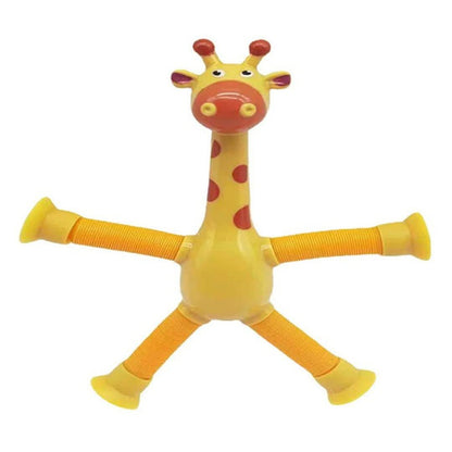 The Toyfetti Stretchy Giraffe Trio features yellow bendable giraffes with orange spots, smiling faces, and suction cup legs—ideal sensory fidget toys or toddler party favors.