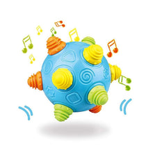 The Toyfetti Sensory Music Ball – Interactive Light & Sound Toy for Babies and Toddlers features a colorful blue design with yellow, green, and orange textured knobs, encouraging sound, movement, and early childhood development.