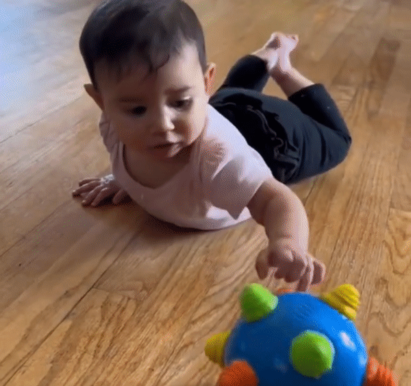 A baby in a light pink shirt and dark pants reaches for the Toyfetti Sensory Music Ball—an interactive light & sound toy for babies and toddlers with colorful spikes—perfect for encouraging early development on the wooden floor.