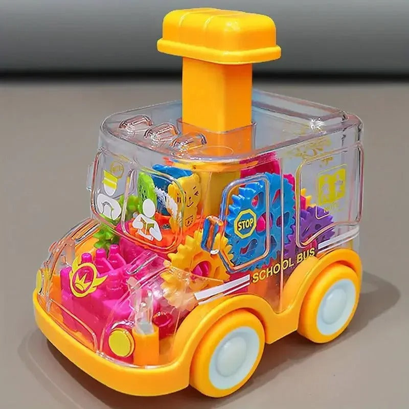 The Toyfetti Gear Car is a colorful push-and-go friction vehicle for kids, featuring transparent sides, bright gears inside, an orange and yellow design with a tall yellow button on top, and white wheels—perfect for great user feedback.