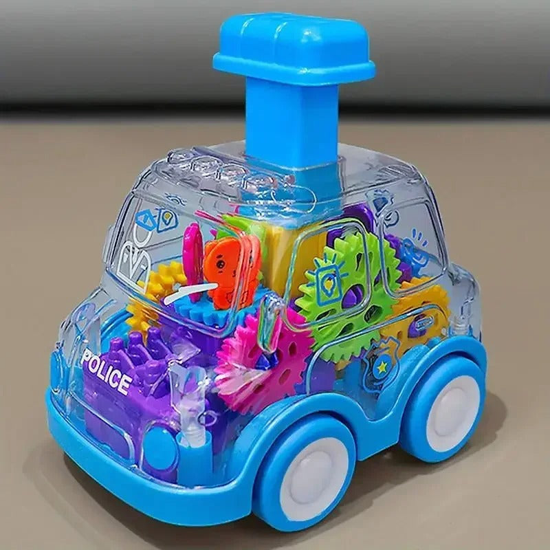 The Toyfetti Gear Car – Push-and-Go Friction Vehicle for Kids features a transparent body with colorful gears, blue and white design, and a tall blue button—sure to delight children and impress in reviews.