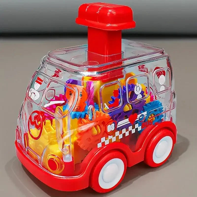 The Toyfetti Gear Car is a colorful plastic push-and-go friction vehicle for kids, featuring a clear body with visible gears, red wheels and roof, vibrant accents—and it earns high user ratings in reviews.