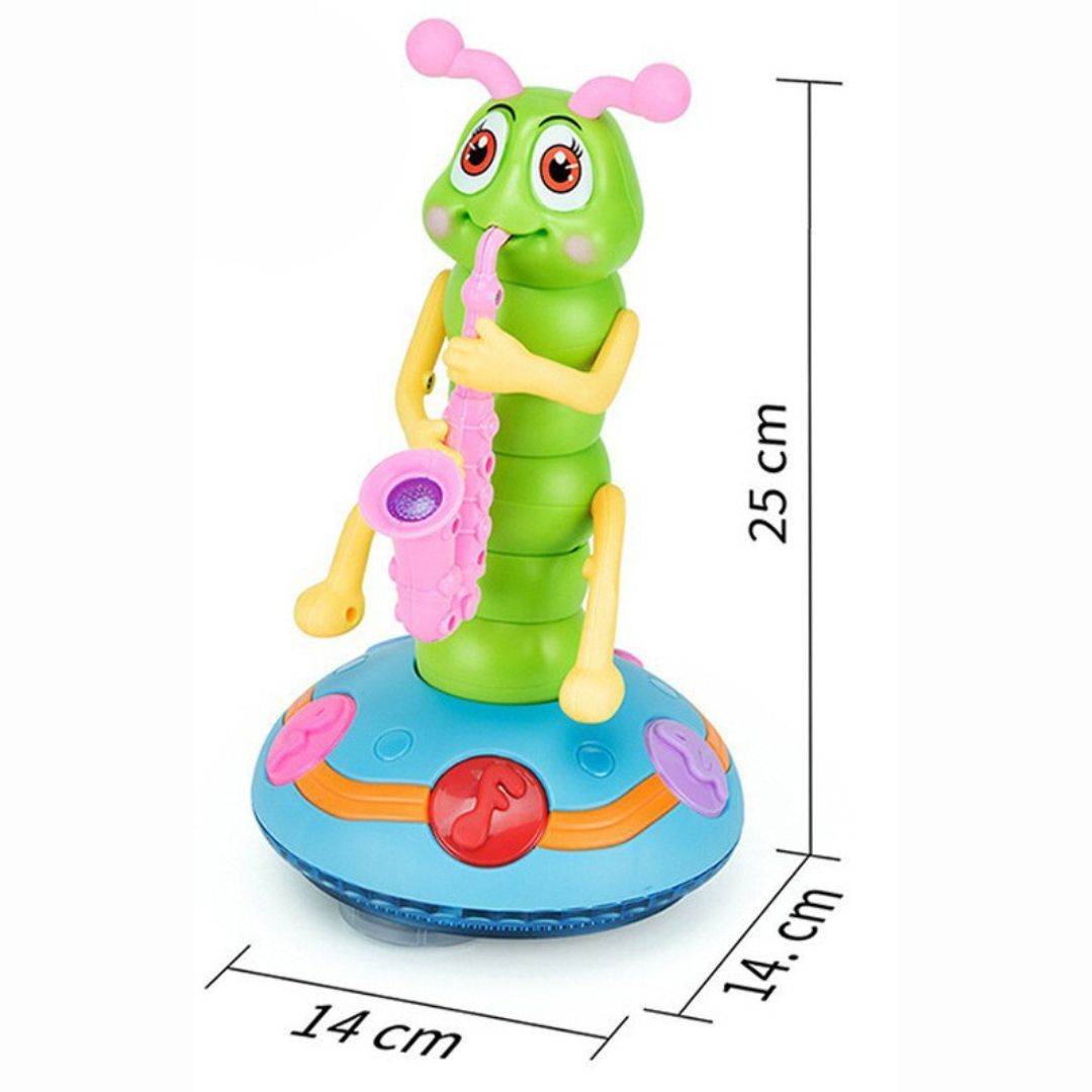 The Toyfetti Dancing Saxophone Caterpillar – Musical LED Toy for Toddlers features big eyes, pink antennae, and sits on a blue base playing music. This colorful toy measures 25 cm tall and 14 cm wide.